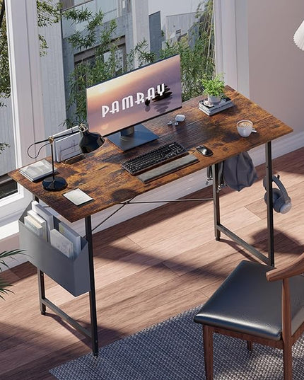 Pamray 47 Inch Computer Desk for Small Spaces with Storage Bag, Home Office Work Desk with Headphone Hook, Small Office Desk Study Writing Table - LeafyLoom