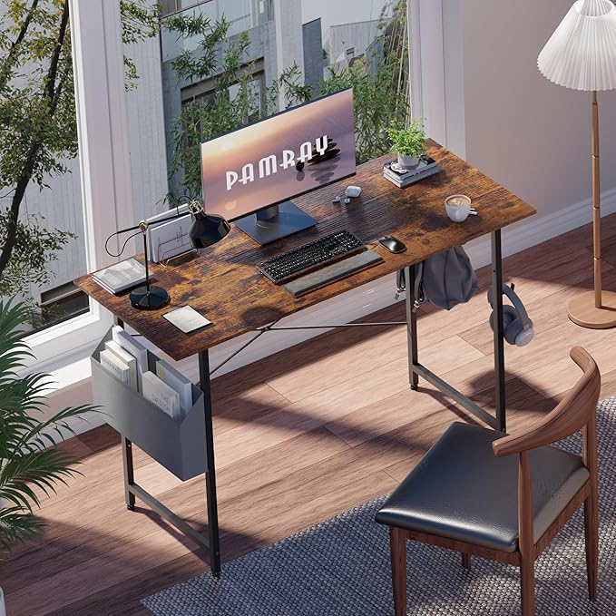 Pamray 47 Inch Computer Desk for Small Spaces with Storage Bag, Home Office Work Desk with Headphone Hook, Small Office Desk Study Writing Table - LeafyLoom