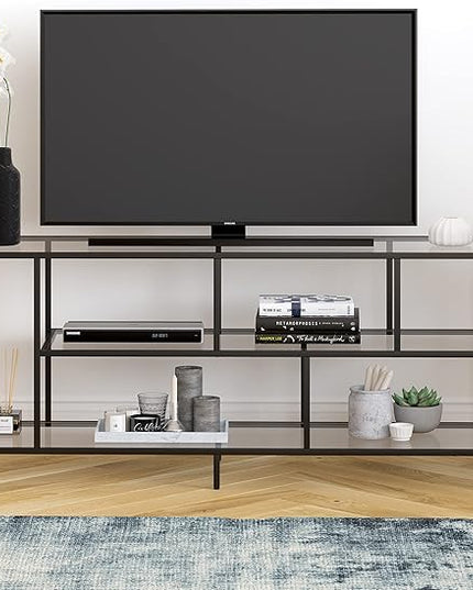 Henn&Hart Rectangular TV Stand with Glass Shelves for TV's up to 60" in Blackened Bronze, TV Stands for the Living Room - LeafyLoom