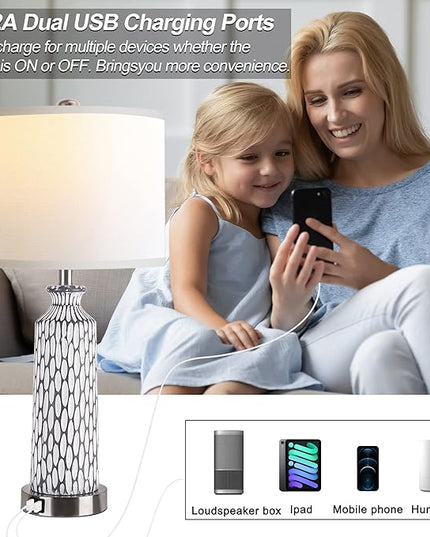 QiMH Table Lamp for Living Room,Bedside Lamps for Bedroom Set of 2 with USB Ports,3-Way Dimmable Touch Control, Modern Coastal White Grey Resin Nightstand Lamp(with 2700K LED Bulbs) - LeafyLoom