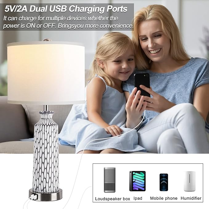 QiMH Table Lamp for Living Room,Bedside Lamps for Bedroom Set of 2 with USB Ports,3-Way Dimmable Touch Control, Modern Coastal White Grey Resin Nightstand Lamp(with 2700K LED Bulbs) - LeafyLoom