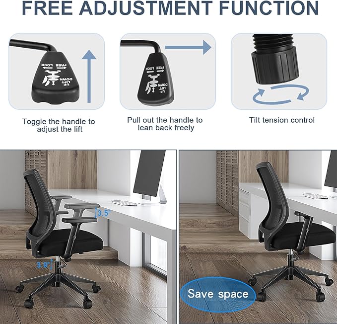 Schwake Ergonomic Office Chair Home Mesh Desk Chair with Adjustable Arms - Mid Back Computer Chairs for Adults - Swivel Task Chair Comfortable for Home Office (Black) - LeafyLoom