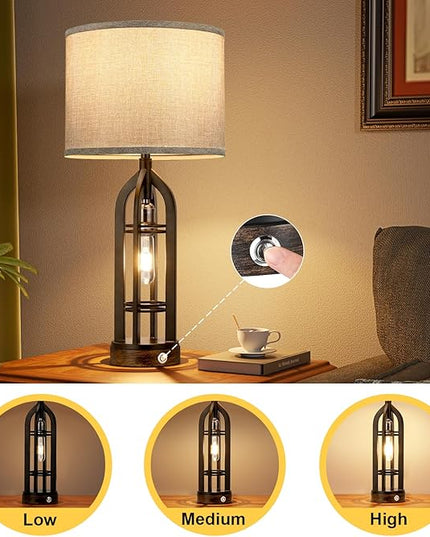 Table Lamp for Living Room - Grey Farmhouse Lamps for Night Stands with USB C+A, 3 Way Dimmable End Table Lamps Set of 2, Vintage Bedside Lamp for End Tables, Rustic Nightstand Lamps for Bedroom - LeafyLoom