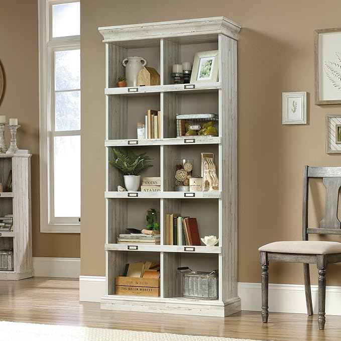 Sauder Barrister Lane Tall Bookcase/Book Shelf, L: 35.55" x W: 13.5" x H: 75.04", White Plank - LeafyLoom