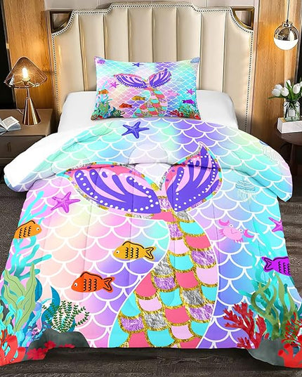 Mermaid Tail Comforter Set Twin for Kids Girls Bedroom, Rainbow Mermaid Fish Scale Comforter Set Twin Bed in a Bag, Glitter Mermaid Printed Pattern Bedding Decor 1 Comforter 1 Pillowcase - LeafyLoom