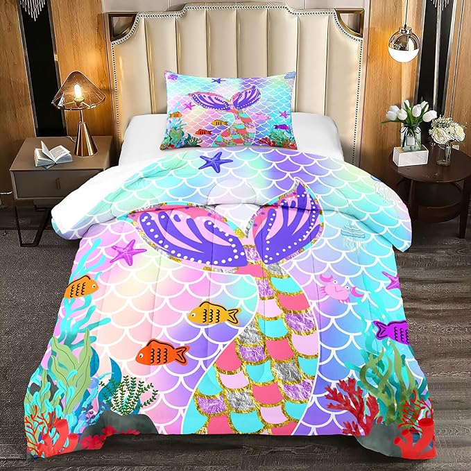 Mermaid Tail Comforter Set Twin for Kids Girls Bedroom, Rainbow Mermaid Fish Scale Comforter Set Twin Bed in a Bag, Glitter Mermaid Printed Pattern Bedding Decor 1 Comforter 1 Pillowcase - LeafyLoom
