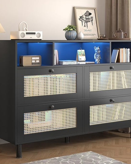 Sideboard Buffet Cabinet, Kitchen Storage Cabinet with Power Outlet & Led Lights, Accent Cabinet with 4 Rattan Doors, Black - LeafyLoom