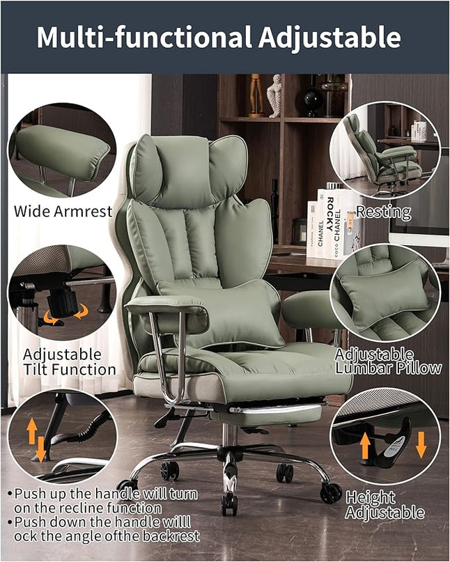Desk Office Chair 400LBS,Big and Tall PU Leather Computer Chair, Executive Office Chair with Leg Rest and Lumbar Support, Light Green Office Chair - LeafyLoom