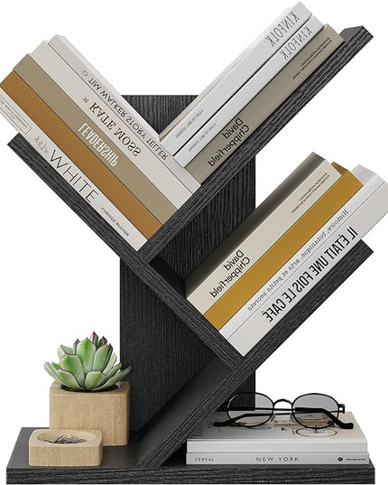 Tajsoon Tree Bookshelf 3 Tier Book Storage Organizer Shelves, Desktop Bookshelf Floor Standing Bookcase Display for CDs/Magazine/Books, Small Bookshelf for Bedroom, Living Room&Office, Black - LeafyLoom
