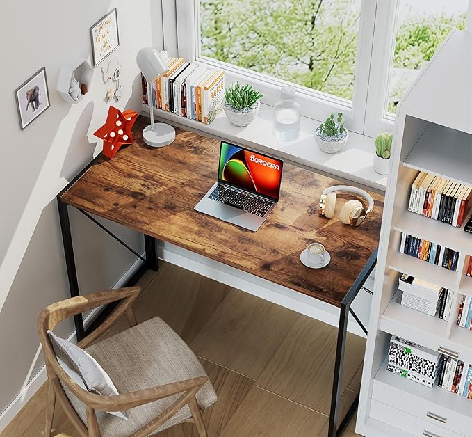 Coavas 39.4 inch Folding Desk No Assembly Required, Writing Computer Desk Space Saving Foldable Table Simple Home Office Desk, Slippy Vintage Brown - LeafyLoom