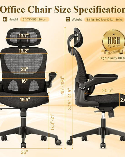 Ergonomic Mesh Office Chair, High Back Desk Chair with Adjustable Lumbar Support, Flip-Up Armrests, Headrest, Swivel Rolling Wheel, Comfy Computer Gaming Task Chairs for Adults Students (Black) - LeafyLoom