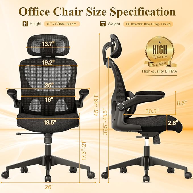 Ergonomic Mesh Office Chair, High Back Desk Chair with Adjustable Lumbar Support, Flip-Up Armrests, Headrest, Swivel Rolling Wheel, Comfy Computer Gaming Task Chairs for Adults Students (Black) - LeafyLoom