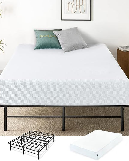 ZINUS 12 Inch Green Tea Cooling Gel Memory Foam Mattress and Super Heavy Duty SmartBase Metal Mattress Foundation Set / Bed and Mattress Set / No Box Spring Needed / Mattress in a Box, Queen - LeafyLoom