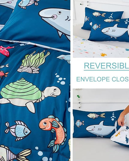 WINLIFE Shark Twin Comforter Set for Boys Blue Ocean Theme Printed Bedding Set, Super Soft and Easy Wash Reversible Kids Bed Set 1 Comforter 2 Pillowcases (3-Pieces, Twin) - LeafyLoom