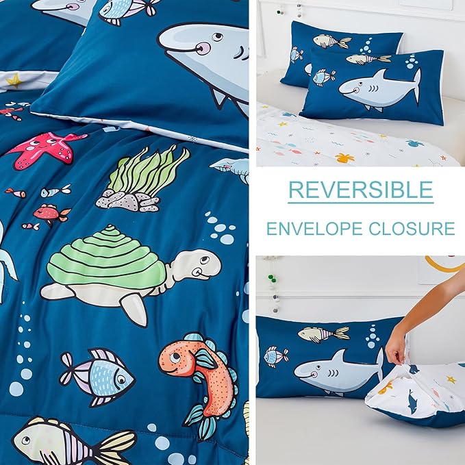 WINLIFE Shark Twin Comforter Set for Boys Blue Ocean Theme Printed Bedding Set, Super Soft and Easy Wash Reversible Kids Bed Set 1 Comforter 2 Pillowcases (3-Pieces, Twin) - LeafyLoom