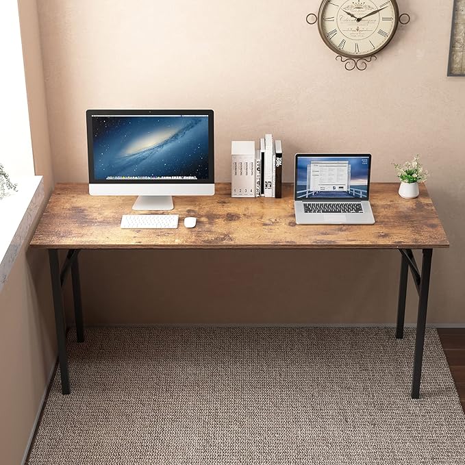 SogesGame Computer Desk, 62 Inch Large Desk Modern Simple Style Folding Tables, Home Office Writing Desk, Space Saving Foldable Table, No Install Needed, Retro Black - LeafyLoom