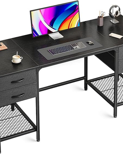 55 Inch Computer Desk with 4 Drawers, Office Desk with Mesh Shelf, Gaming Desk, Large Storage, Writing Desk Work Desk for Home Office, Study, Bedroom, Work from Home, Black - LeafyLoom