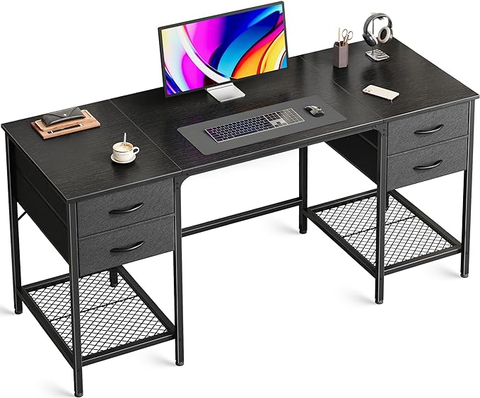 55 Inch Computer Desk with 4 Drawers, Office Desk with Mesh Shelf, Gaming Desk, Large Storage, Writing Desk Work Desk for Home Office, Study, Bedroom, Work from Home, Black - LeafyLoom