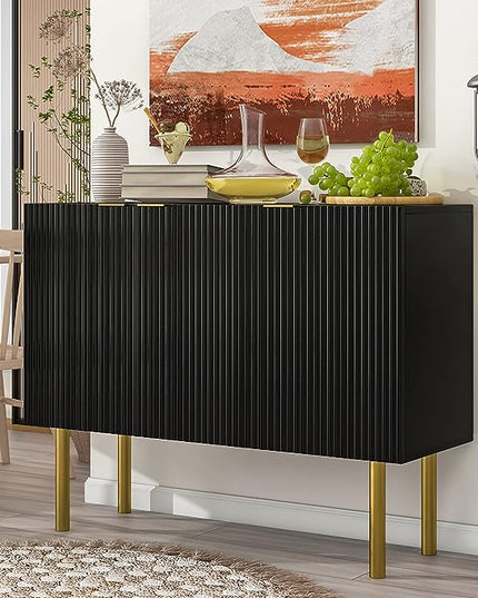 Modern Simple Sideboard with Particle Board & MDF,Luxury Style Buffet Cabinet,W/Gold Metal Legs and Handles,Adjustable Shelves,for Kitchen,Dining Room,Black, 47.2" - LeafyLoom