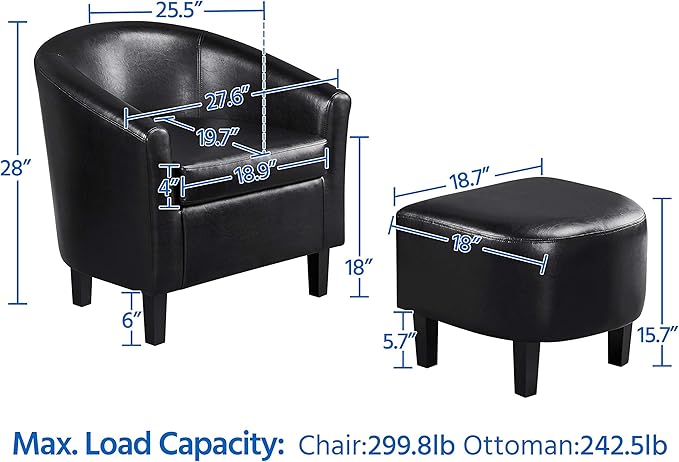 Yaheetech Accent Chair with Ottoman Set, Modern Faux Leather Upholstered Soft Barrel Chair and Footrest, Club Armchair and Footstool for Living Room/Bedroom/Reading Room/Guest Room, Black - LeafyLoom