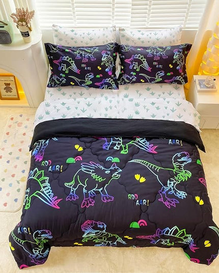 7 Piece Dinosaur Comforter Set -Twin Size for Boys 3D Print Sketch Dinosaur Bedding Set Bed in A Bag for Kids Teens Rainbow-Colored Gradient Line Animal Comforter - LeafyLoom