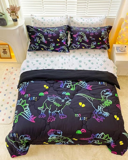 7 Piece Boys Dinosaur Comforter Bedding Set Bed in A Bag Full Size for Kid Girls Teens Dinosaurs Animal 3D Print Gradient Line Bedding Set with Comforter Sheet Set Pillowcase and Sham - LeafyLoom