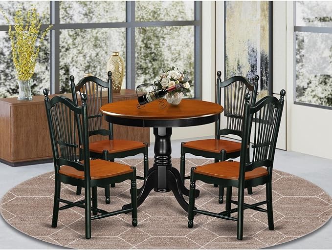 East West Furniture ANDO5-BCH-W Antique 5 Piece Room Set Includes a Round Wooden Table with Pedestal and 4 Kitchen Dining Chairs, 36x36 Inch - LeafyLoom