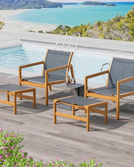 Greesum 4 Piece Furniture Outdoor Acacia Wood Chair with Ottoman for Porch, Balcony, Deck, Patio, Backyard, Gray - LeafyLoom