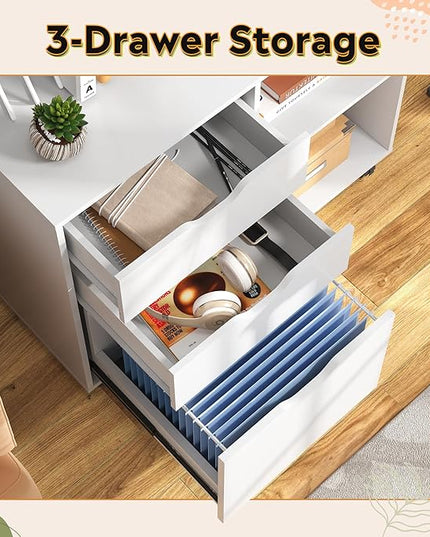 DEVAISE 3-Drawer Wood File Cabinet, Mobile Lateral Filing Cabinet, Printer Stand with Open Storage Shelves for Home Office, White - LeafyLoom