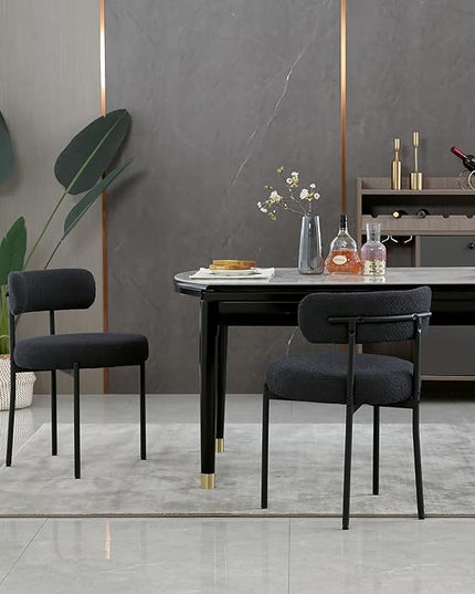 DYHOME Black Dining Chairs Set of 2, Mid-Century Modern Dining Chairs, Kitchen Dining Room Chairs, Curved Backrest Round Upholstered Boucle Sherpa Dining Chair with Black Metal Legs - LeafyLoom