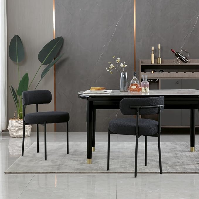 Black Dining Chairs Set of 2 Round Upholstered Boucle Dining Room Chairs Mid-Century Modern Kitchen Chairs Curved Backrest Chairs for Dining Room Black Metal Legs - LeafyLoom