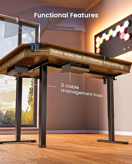 ErGear 65″ L Shaped Standing Desk for Gaming, [3 Drawers & 2 Cable Management Trays] Corner Stand up Desk w/Monitor Shelf Height Adjustable for Home Office, Vintage Brown - LeafyLoom