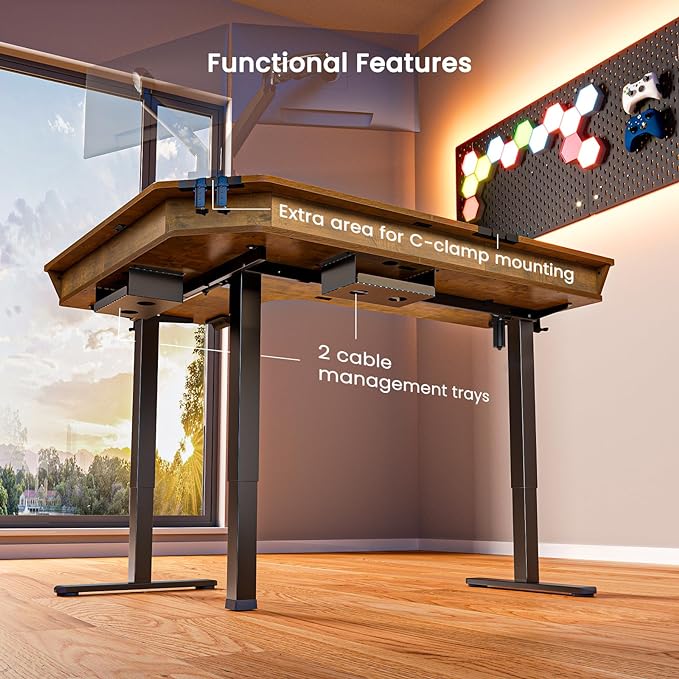 ErGear 65″ L Shaped Standing Desk for Gaming, [3 Drawers & 2 Cable Management Trays] Corner Stand up Desk w/Monitor Shelf Height Adjustable for Home Office, Vintage Brown - LeafyLoom