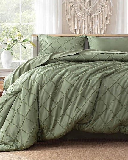 Boho Olive Green Comforter Set with Jacquard Tufted Design,Shabby Chic Bedding Sets for All Seasons,5 Pieces Twin Dorm Bed in a Bag Comforter,Flat Sheet,Fitted Sheet,Pillowcases & Shams - LeafyLoom