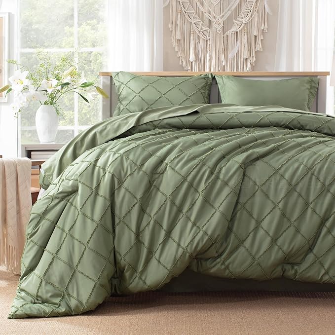 Boho Olive Green Comforter Set with Jacquard Tufted Design,Shabby Chic Bedding Sets for All Seasons,5 Pieces Twin Dorm Bed in a Bag Comforter,Flat Sheet,Fitted Sheet,Pillowcases & Shams - LeafyLoom