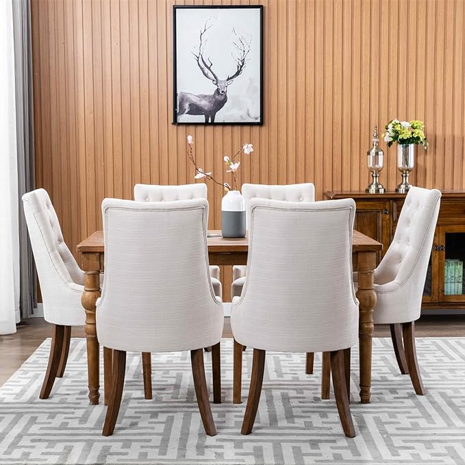 COLAMY Wingback Upholstered Dining Chairs Set of 2, Fabric Side Dining Room Chairs with Tufted Button, Living Room Chairs for Home Kitchen- Beige - LeafyLoom