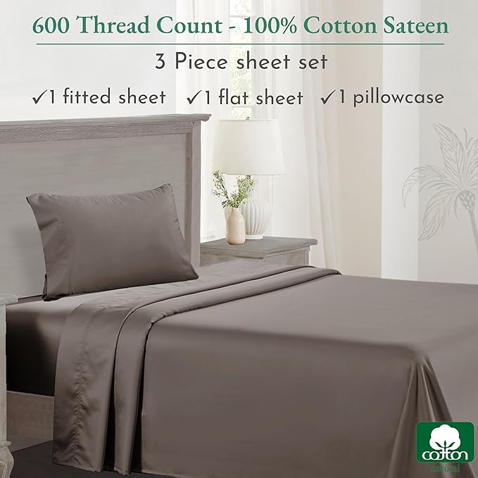 California Design Den Twin XL Sheet Set, 600 Thread Count Sateen, 100% Cotton Deep Pocket Sheets, Soft, Cooling Brown Sheet Set, Hotel-Quality Bedding - Brown - LeafyLoom