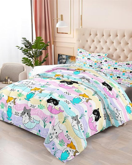 Girls Cat Bedding Set Queen Size - 3Pcs Cute Cartoon Mermaid Tail Cat Patterns Comforter Set for Girls Boys Kids Bedroom Cat Bedding Room Decor for All Season, 1 Comforter 2 Pillow Cases - LeafyLoom