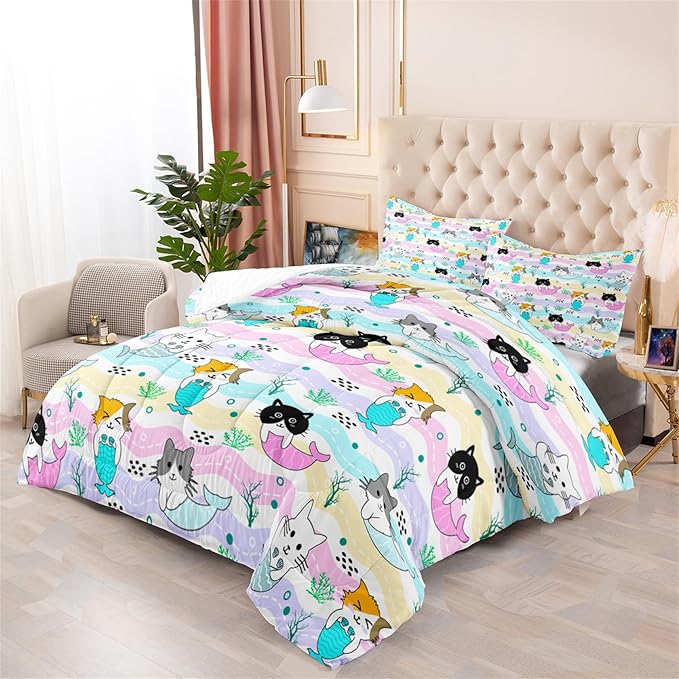Cartoon Cat Comforter Set for Girls - Full Size Girls Cat Bedding Set for Bedroom Ultra Soft Warm Cute Mermaid Tail Cat Patterns Comforter Set for All-Season, 1 Comforter with 2 Pillowcases - LeafyLoom
