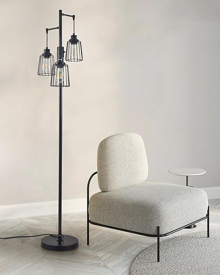 Dimmable Floor Lamp, Farmhouse Industrial Floor Lamp for Living Room, Standing Tree Floor Lamp with 3 Elegant Teardrop Cage Head, Bright Floor Lamp for Bedroom Office(Black) - LeafyLoom