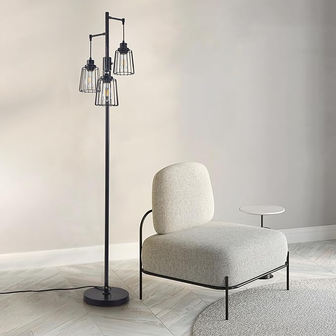 Dimmable Floor Lamp, Farmhouse Industrial Floor Lamp for Living Room, Standing Tree Floor Lamp with 3 Elegant Teardrop Cage Head, Bright Floor Lamp for Bedroom Office(Black) - LeafyLoom