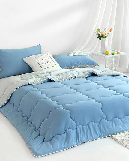 COTTEBED Reversible Light Blue and Grey Bed Comforter Twin Set, Jersey Knit T-Shirt Feel Ultra-Soft Lightweight Bedding Blanket Quilt & Pillowcase for Kid Boy Girl College Dorm All Season(Twin/TwinXL) - LeafyLoom
