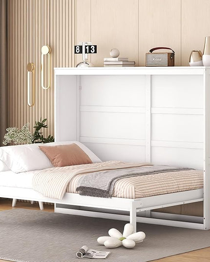 Merax Modern Farmhouse Solid Wood Murphy Bed Chest/Space Saving/Wood Slat Support/Full,White - LeafyLoom