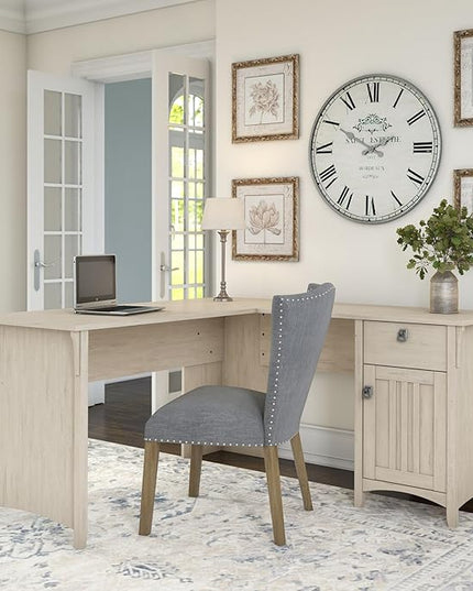 Bush Furniture Salinas L Shaped Desk with Storage in Antique White | Modern Farmhouse Corner Table with Drawers and Cabinets for Home Office - LeafyLoom