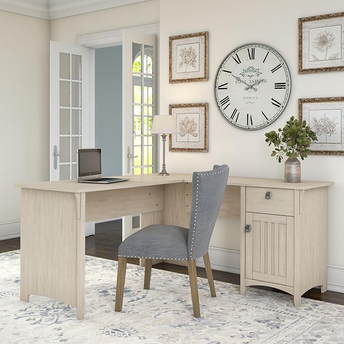 Bush Furniture Salinas L Shaped Desk with Storage in Antique White | Modern Farmhouse Corner Table with Drawers and Cabinets for Home Office - LeafyLoom