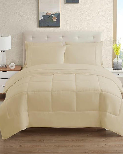 Dorm Room Essentials College Bedding Comforter Set 5 Piece Twin Size Bed in a Bag for College Students Boys and Girls, Twin, Cream/Beige - LeafyLoom