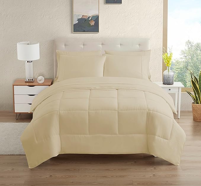 Dorm Room Essentials College Bedding Comforter Set 5 Piece Twin Size Bed in a Bag for College Students Boys and Girls, Twin, Cream/Beige - LeafyLoom