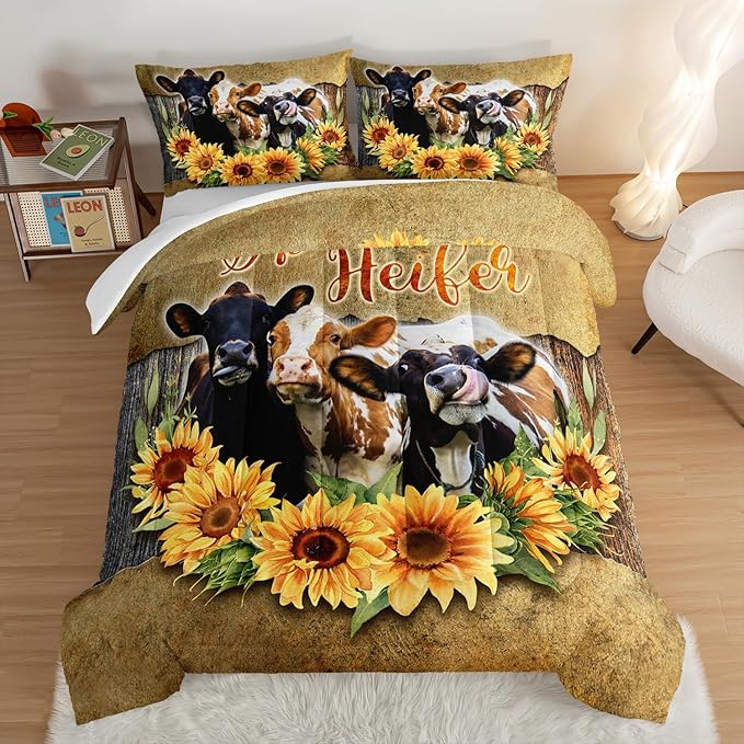 HOSIMA Farmhouse Animal Cow Comforter Western Bedding Sets,Kids Sunflower Comforter Twin Bed in a Bag for Girls Boys,Cow Print Bedding Room Decor,Floral Comforter Set with 2 Pillowcases. - LeafyLoom