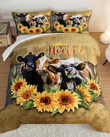 HOSIMA Farmhouse Animal Cow Comforter Western Bedding Sets Queen,Sunflower Comforter for Girls Boys Teens,Cow Print Bedding Room Decor,Floral Comforter Set with 2 Pillowcases. - LeafyLoom
