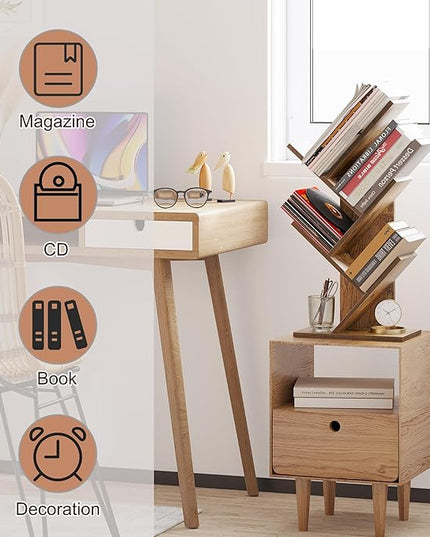 SUNMORY 4 Tier Tree Bookshelf, Small Bookcase, Modern Narrow Bookshelves Organizer, Floor Standing Book Shelf for Bedroom/Living Room/Home Office/Corner, Brown - LeafyLoom